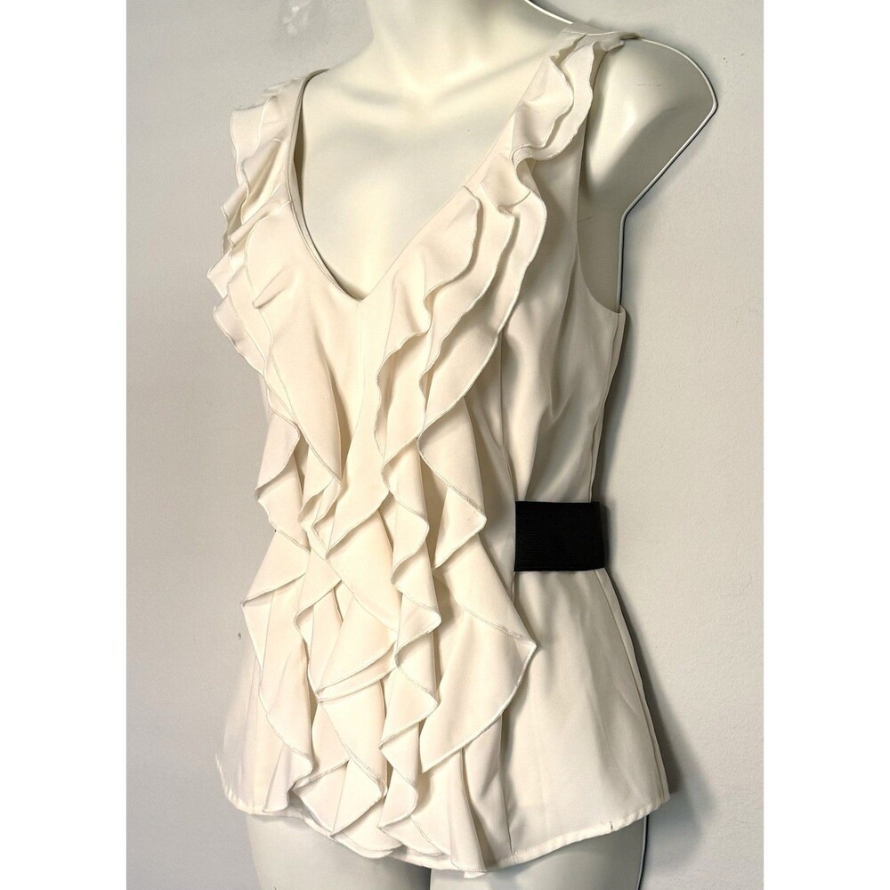 bebe Sleeveless Ruffle Blouse Sz S Cream Black Peplum Y2K